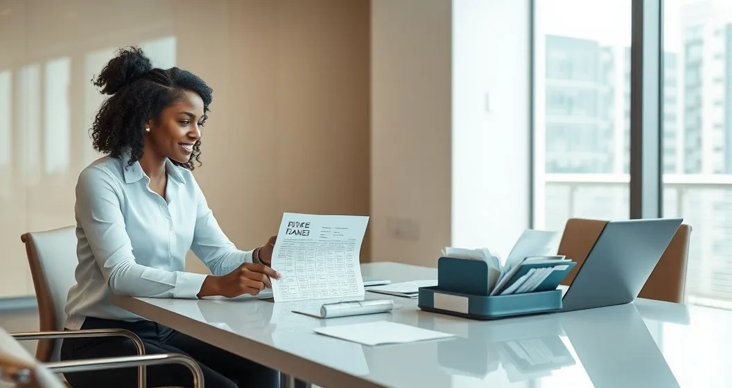 Financial advisor and client reviewing a dated payment schedule and organizing receipts at a clean conference table