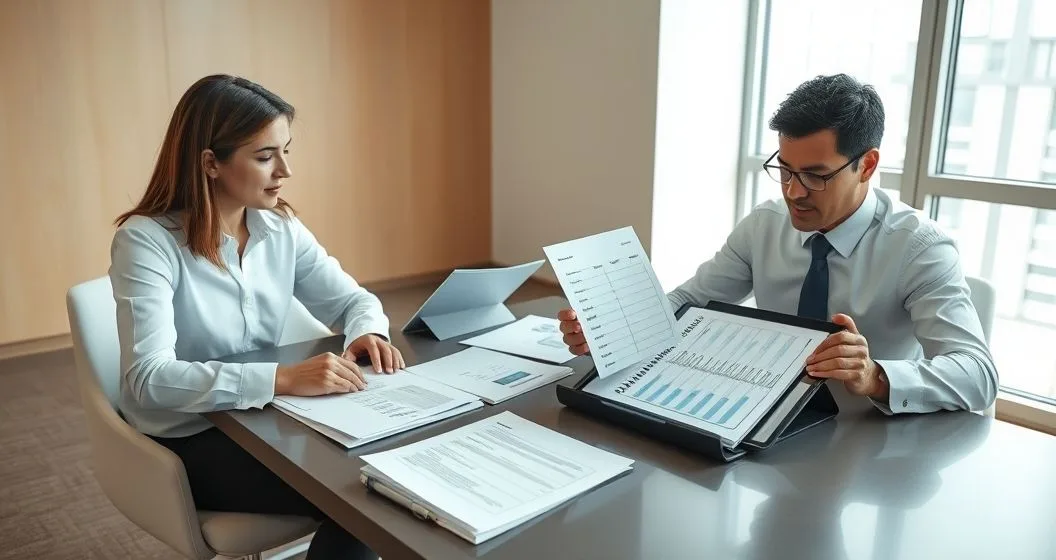 Financial advisor and small business owner sorting receipts bank statements and a mileage log into labeled folders while viewing transaction graphs on a tablet in a modern office.