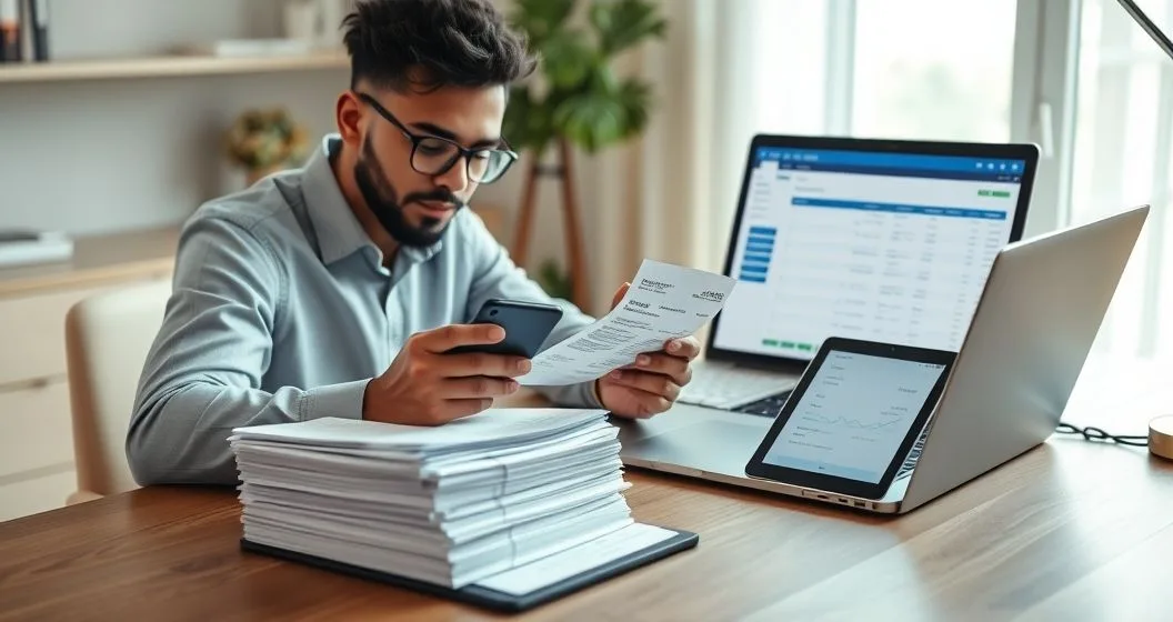 Freelancer scans receipts and arranges invoices on a clean desk with a laptop and tablet showing blurred financial screens