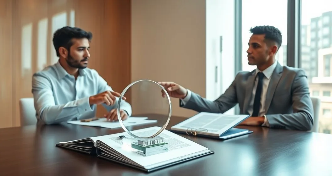 Attorney and client at a conference table with a glass shield over an asset folder while the lawyer points to a trust document