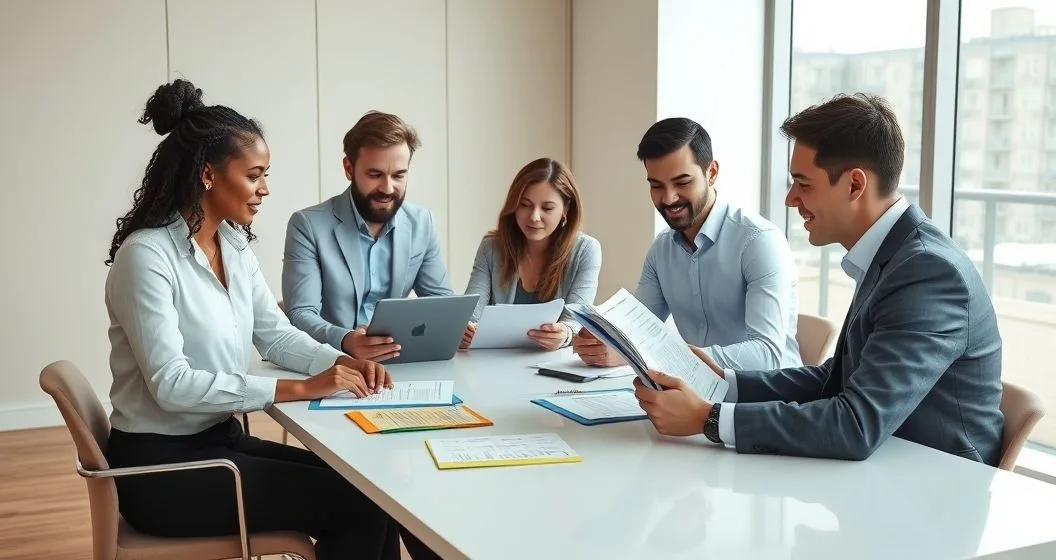Two partners and a tax advisor at a modern office table reviewing tax documents and color coded folders representing federal and state filing options.