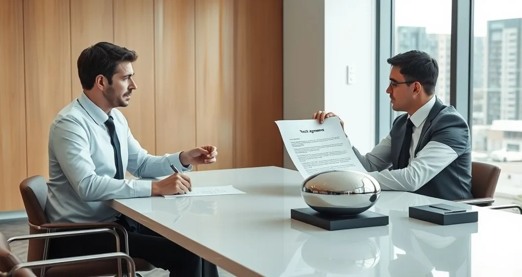 Lawyer pointing to a trust agreement across a conference table as a client and trustee listen in a modern office