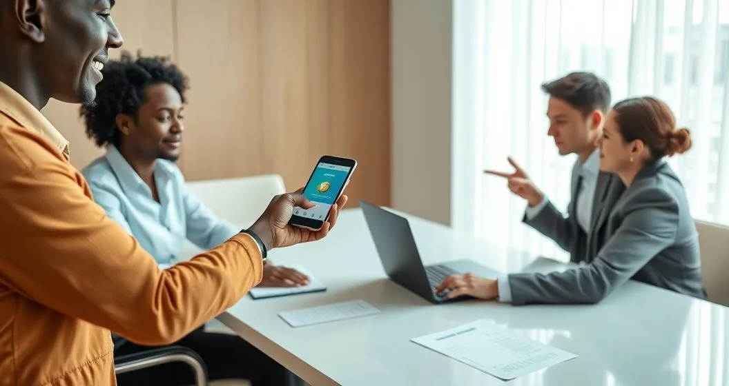 Donor hands smartphone showing crypto wallet transfer to charity representative while tax advisor points to laptop in a modern office