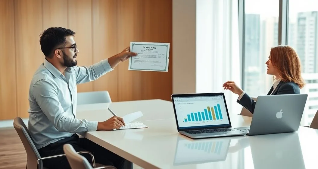 Business owner transferring a stock certificate and tablet showing a share transfer to a charity representative while an advisor points to a tax benefit chart in a modern office