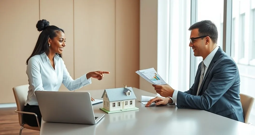 Financial advisor explains tax efficient real estate donation as donor signs and passes keys to charity representative beside a house model
