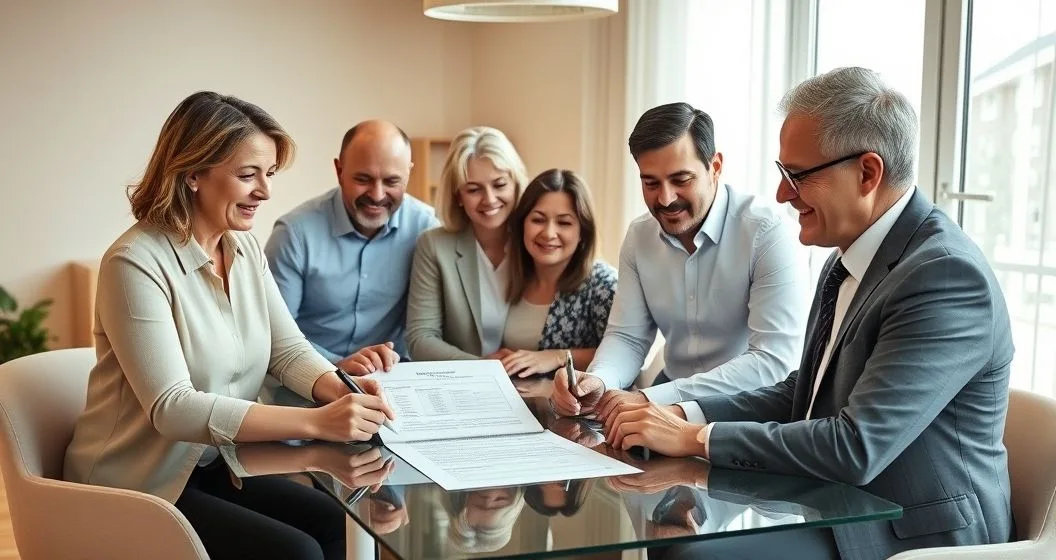 Multigenerational family and advisor reviewing a family mission statement around a modern conference table