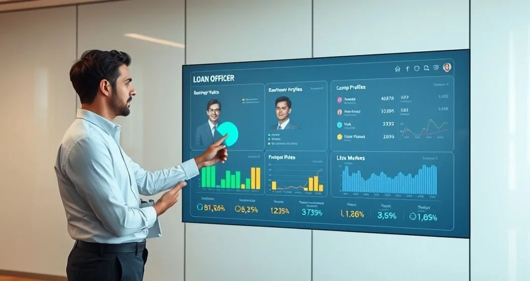 Two professionals at a transparent touchscreen dashboard comparing two borrower profiles with different rate bands and market graphs