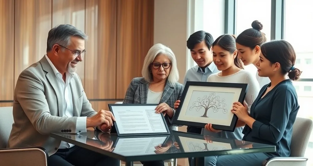 Family and attorney at a conference table reviewing trust planning with tablet family tree and trust document