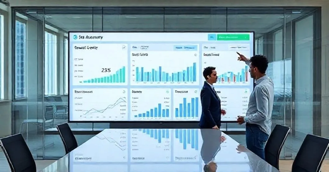 Two professionals review a wall display showing account tiles and graphs for checking savings credit cards retirement investments loans and insurance in a modern office