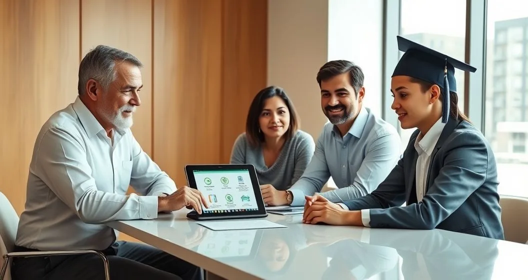 Financial advisor explaining an educational trust to an elder grantor, a parent, and a young adult over a tablet and a small stack of books in a modern office.
