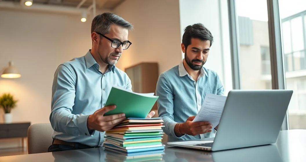 Two professionals sorting color coded folders and scanning receipts at a modern desk to organize tax records