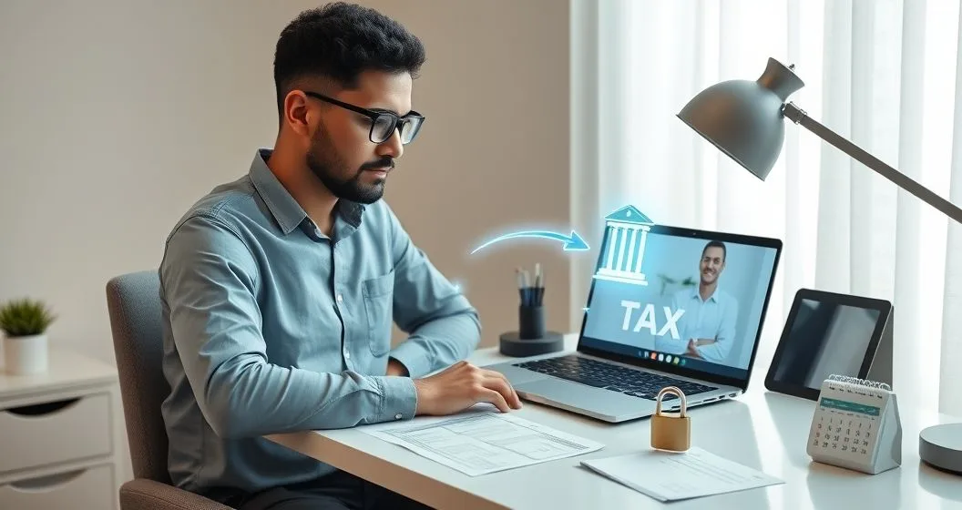 Taxpayer at a minimalist desk watching a laptop show a digital transfer from a government building symbol to a bank app symbol with a tax advisor on a video call and a calendar marked for three weeks