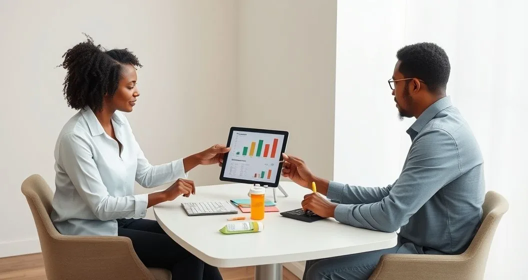 Financial counselor and client at a minimalist office table reviewing a simplified budget on a tablet while the client sorts colored envelopes and essentials on the table.