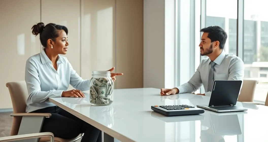 Financial advisor shows a couple a jar of cash and piggy bank on one side and a credit card with a calculator on the other side of a conference table