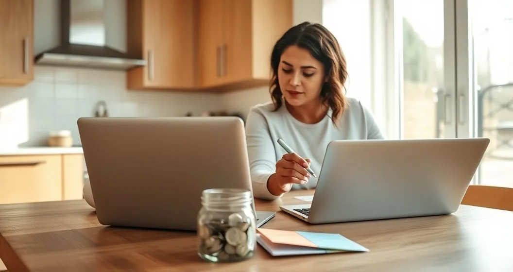 Diverse couple at a modern kitchen table reviewing digital savings visuals with a jar of coins and color coded envelopes