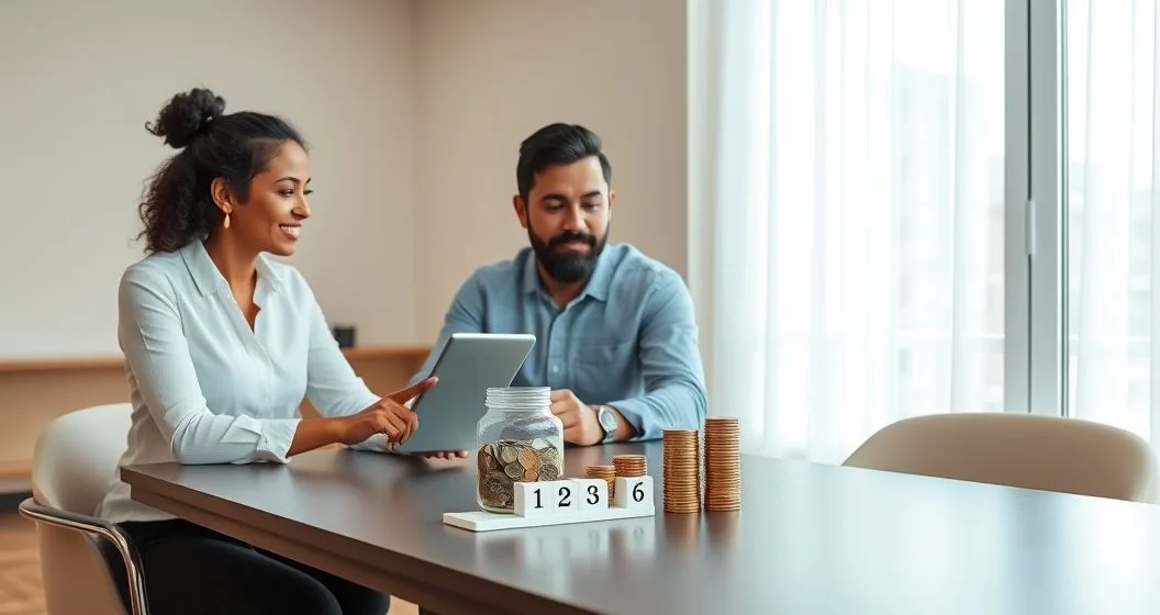 Financial advisor explains emergency fund to a diverse couple using a jar of cash, ascending coin stacks and a simple calendar on a minimalist table.