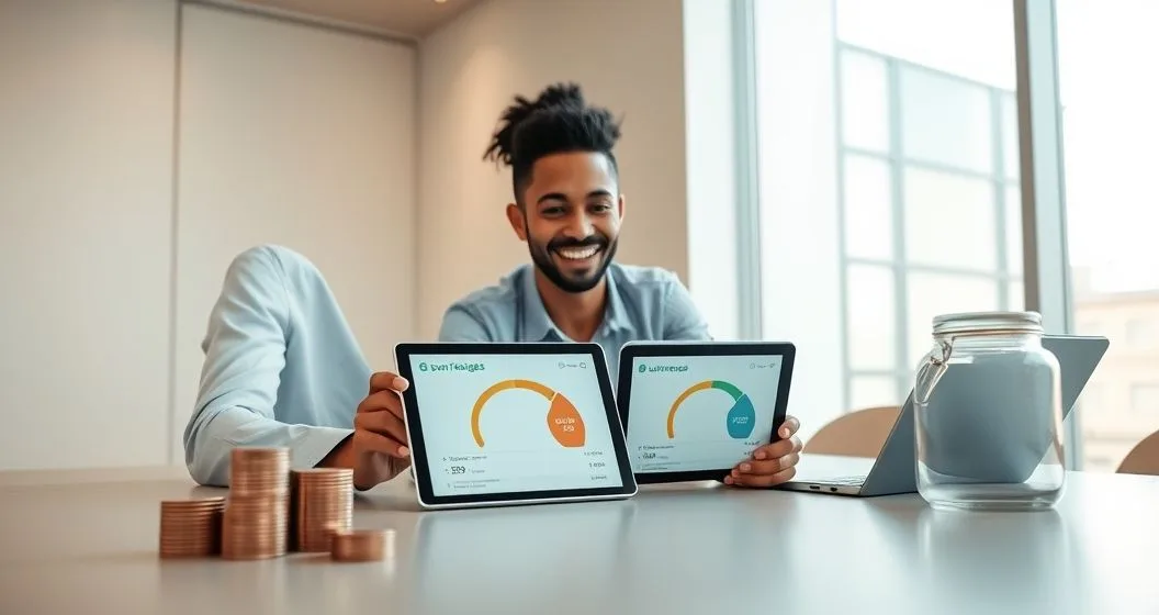 Entrepreneur and advisor reviewing a tablet with two savings progress bars plus jars of coins on a minimalist desk symbolizing separate personal and business emergency funds