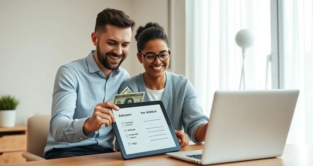 Couple at a minimalist desk holding an envelope of cash and a tablet while video calling a financial advisor to decide whether to withdraw emergency savings