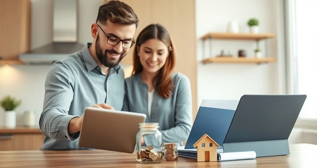 Homeowner couple and financial advisor at a kitchen table with a tablet, clear coin jar, small house model and mortgage folder discussing savings for mortgage buffers