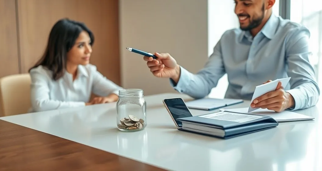 Advisor pointing at a glass jar of cash smartphone with a blurred banking app and a slim bank statement on a clean conference table while a client takes notes