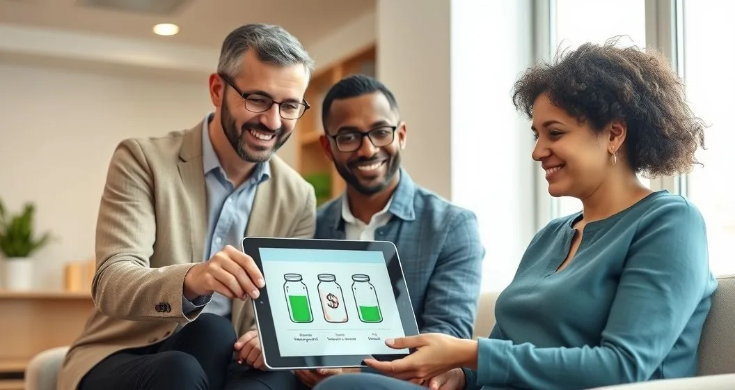 Financial counselor shows tablet with savings and benefits graphic to a diverse client in a modern office