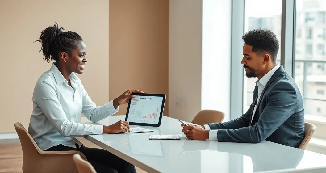 Financial advisor showing a repayment chart on a tablet to a diverse client in a modern office