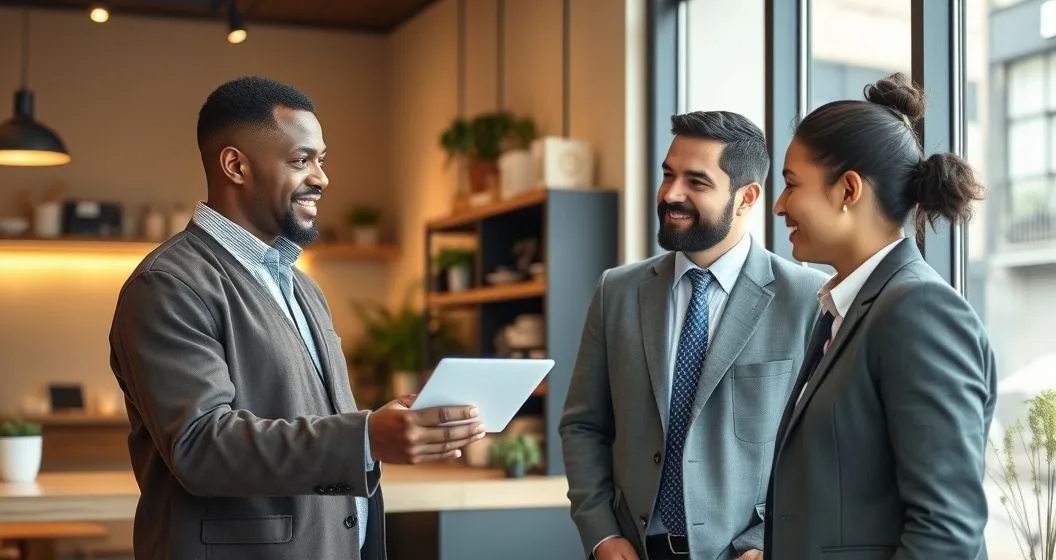 Small business owner receiving a sealed envelope and tablet showing a payment icon from a government relief officer in a clean cafe office