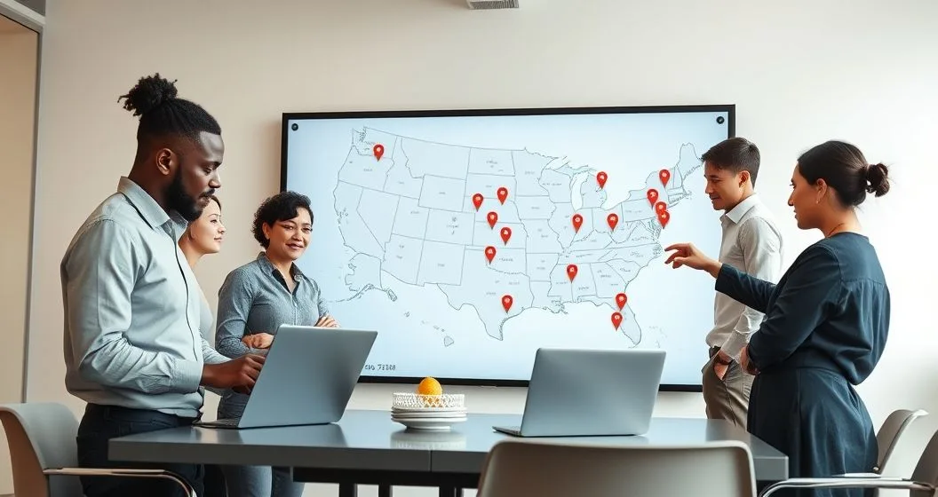 Four diverse professionals in a modern conference room reviewing a large digital US map with state markers as one types on a laptop and another places a colored pin