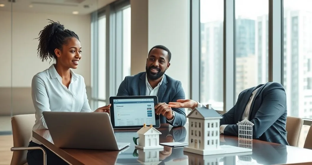 Employee between an HR representative showing a tablet with employer loan contribution and a counselor pointing to a courthouse model and calendar representing federal loan forgiveness in a modern meeting room