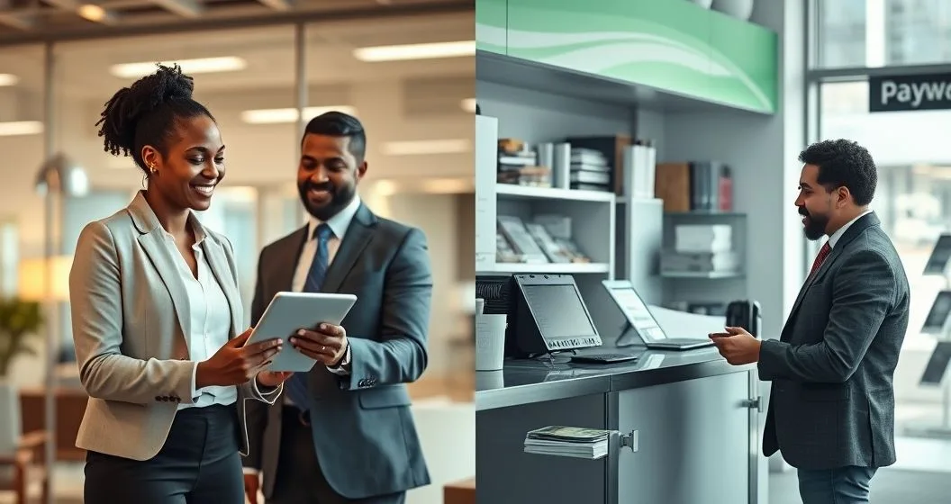 Split photorealistic image comparing a calm HR salary advance interaction and a tense payday loan cash exchange