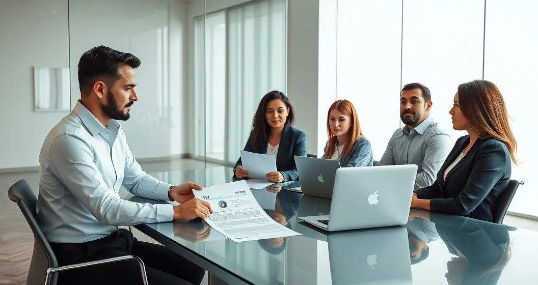Tax advisor advising a platform team over W 2 and 1099 NEC documents and a laptop dashboard in a modern conference room