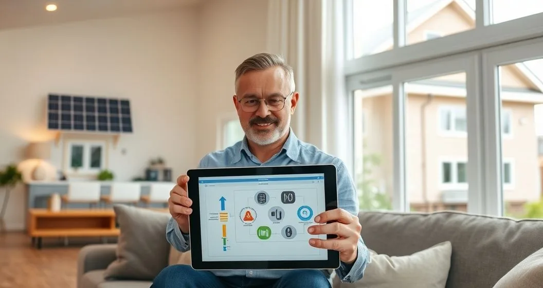 Homeowner and energy consultant review a tablet with home upgrade icons while a house with solar panels and new windows is visible through a large window.