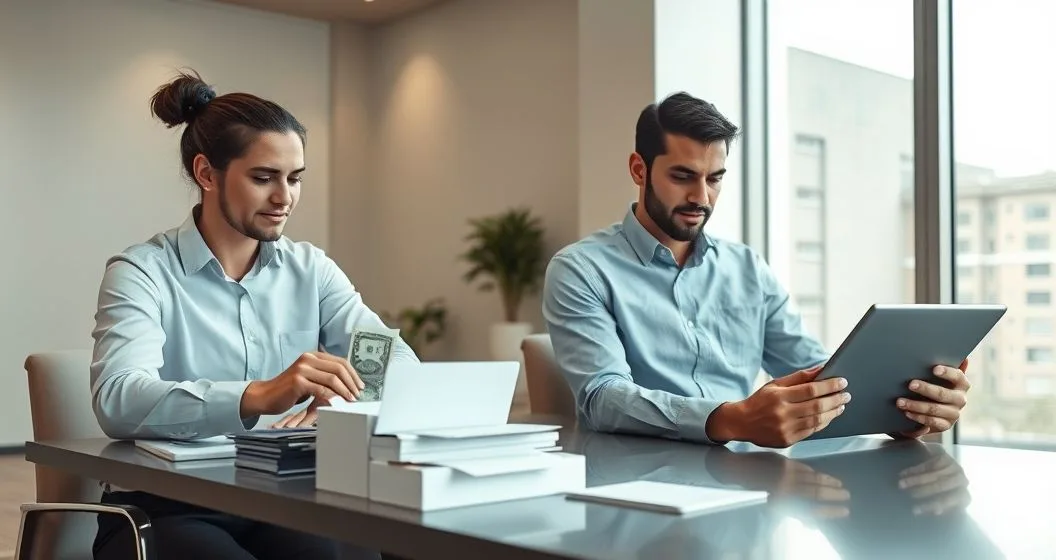 Two professionals at a modern desk allocating cash into labeled envelopes while checking digital budget pots on a tablet.