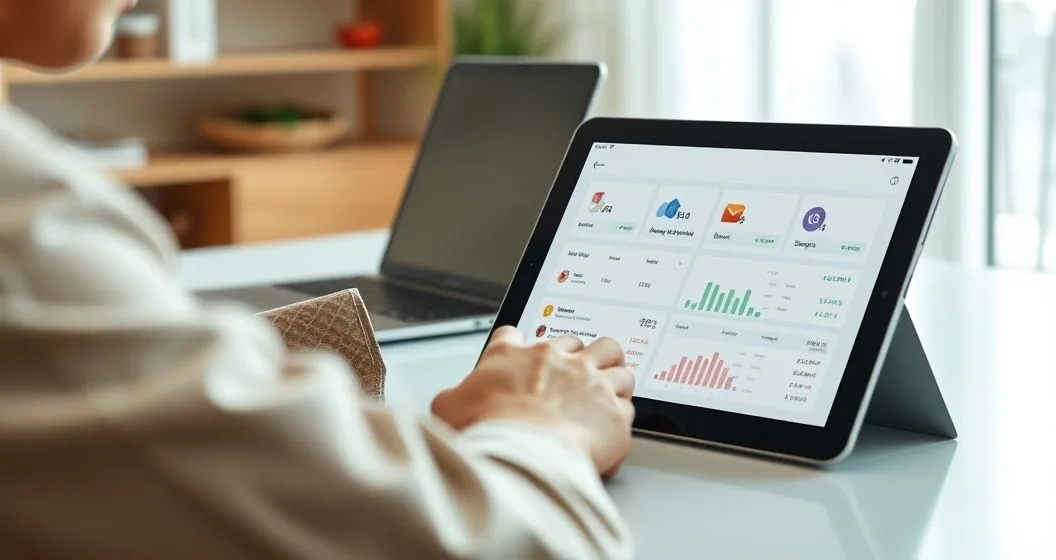 Person using a tablet to manage color coded digital envelopes with analytics widgets on a minimalist desk
