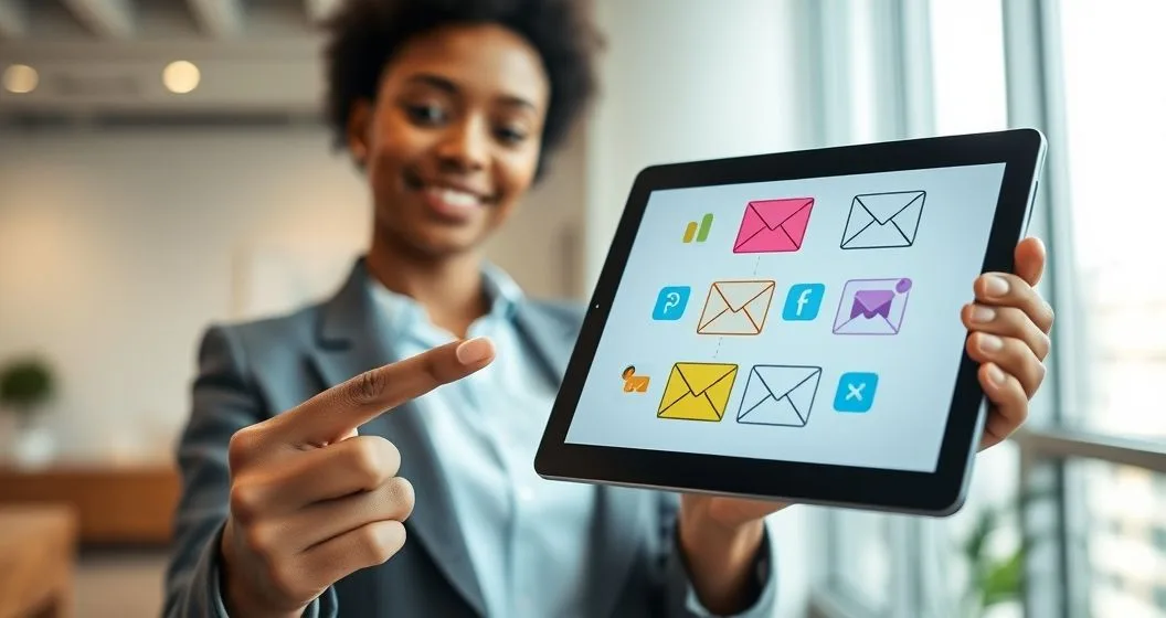 A diverse professional holds a tablet showing colorful virtual envelopes with icons while dragging a fund allocation slider on the screen in a modern office.