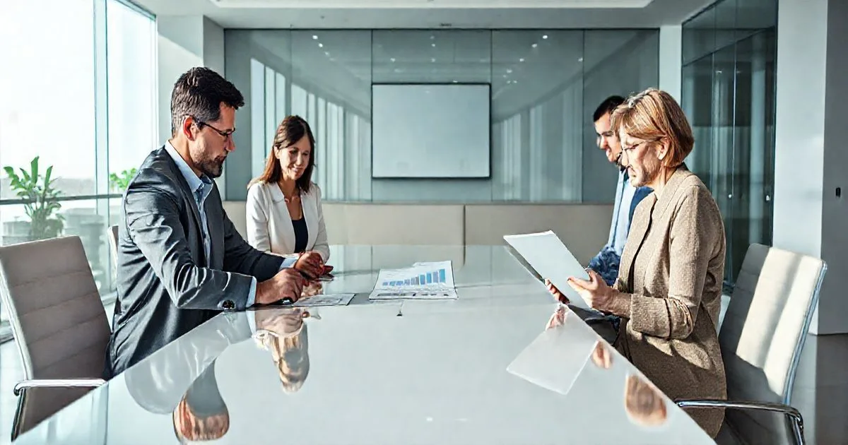 Diverse family heirs and a financial adviser at a modern conference table reviewing a valuation on a tablet as one heir signs a buyout and another examines a policy folder