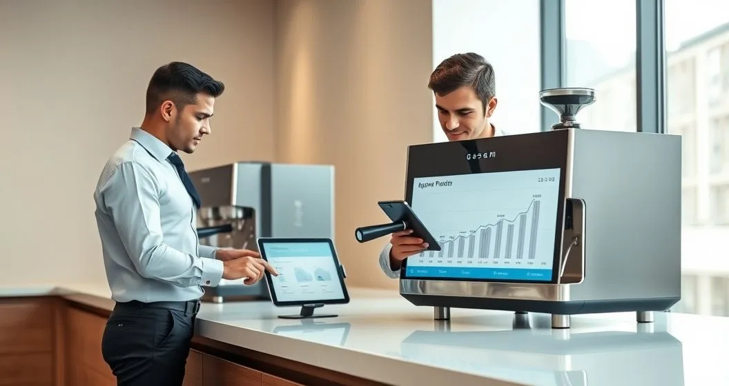 Small business owner and financial advisor beside a commercial espresso machine as the advisor points to a tablet showing a payment timeline graphic in a modern showroom
