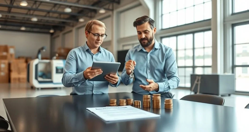 CFO and business owner review equipment financing at a minimalist table with a new machine in the background and a stack of coins on the table.