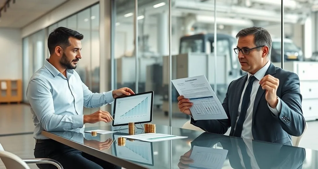 Two professionals in a glass conference room compare buying equipment with loan documents and a depreciation chart on a tablet to leasing with a lease agreement and calendar for recurring payments, industrial equipment visible through glass