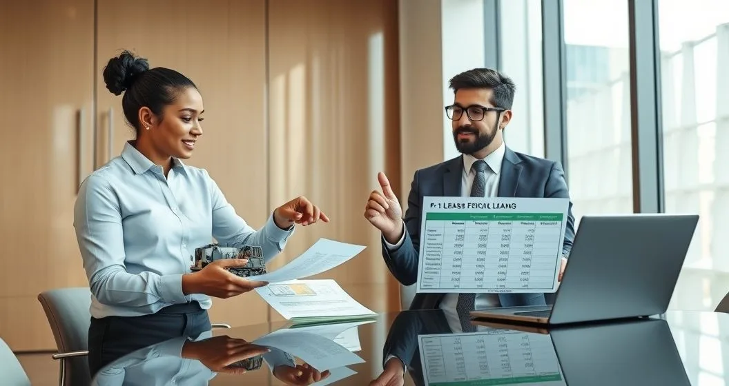 Two professionals at a conference table comparing an equipment model and lease papers with a laptop and loan documents to decide between equipment financing and a term loan