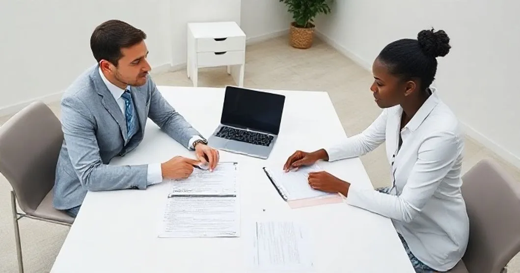 Tax advisor and client reviewing Form 1040 with tabbed schedules and supporting forms on a minimalist conference table in a modern office.