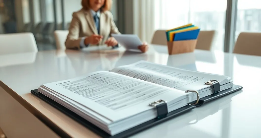 Tax advisor and client reviewing an open binder of receipts bank statements and folders on a clean conference table