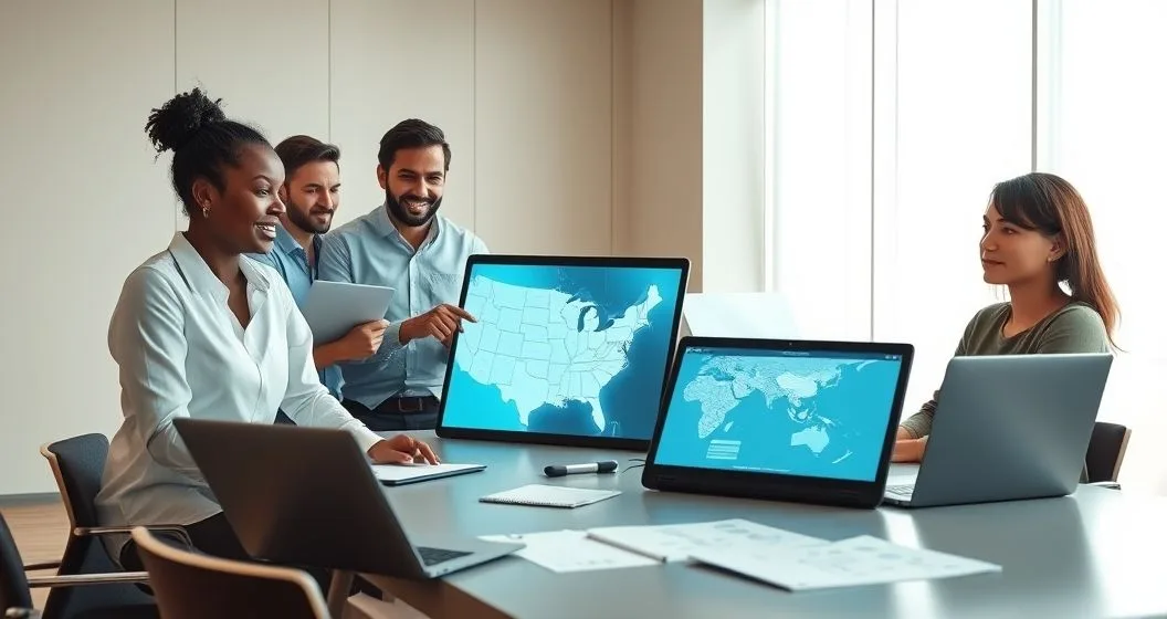 Tax advisor and remote service providers reviewing a tablet showing a US map with highlighted states to illustrate state tax nexus