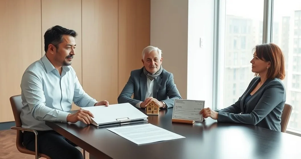 Financial advisor and three heirs at a conference table reviewing a trust folder, house model, and a check to illustrate estate equalization