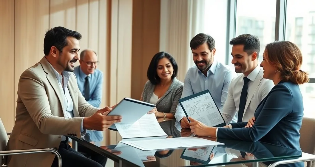 Blended family and estate attorney reviewing documents and a tablet family tree around a conference table in a modern office
