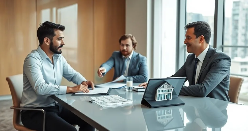 Small business owner and two advisors at a conference table reviewing documents and a tablet with a succession flowchart next to a storefront model with a handshake taking place