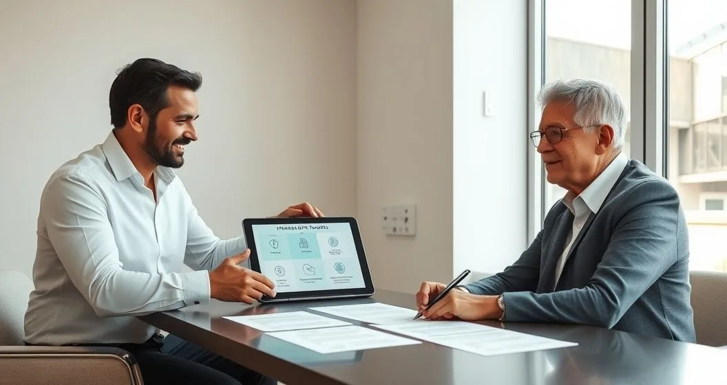 Financial advisor and older couple reviewing an estate plan with icon based diagram for gifts trusts charity and life insurance on a tablet
