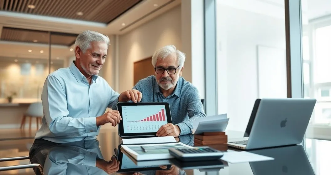 A retiree couple meets a financial advisor at a conference table reviewing a tablet with income graphs a calendar a calculator and brokerage statements