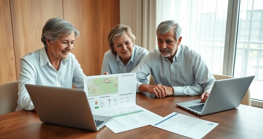 Financial advisor, middle aged couple, laptop with local map icons and printed cost comparison on a modern conference table