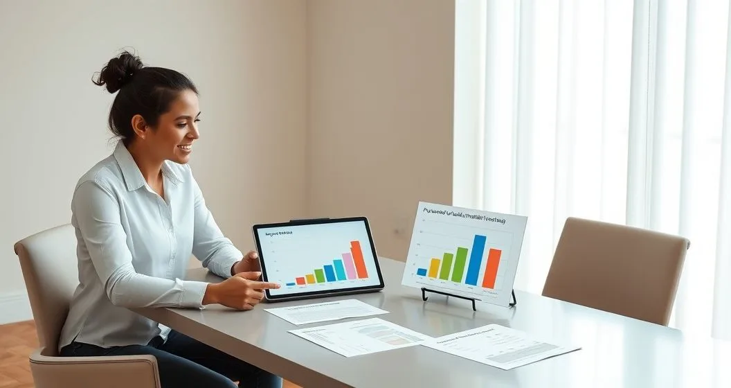 Benefits advisor and couple reviewing tablet with colored charts showing low medium and high out of pocket cost scenarios at a minimalist table